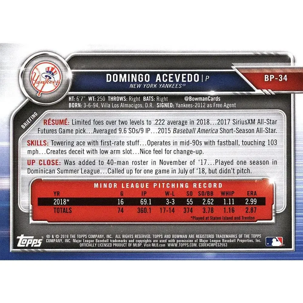 2019 Bowman Prospects Domingo Acevedo #BP-34 New York Yankees